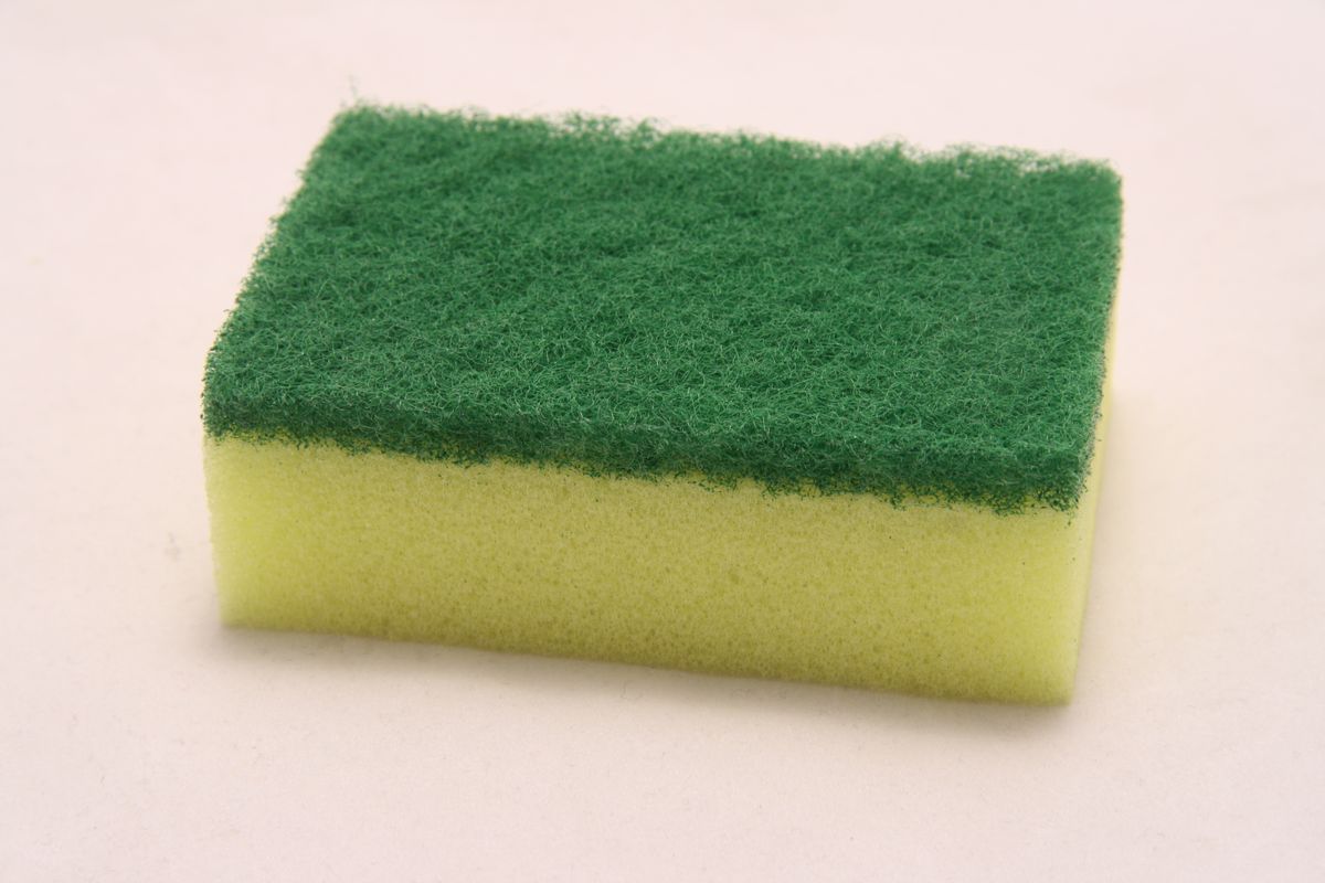 A yellow and green kitchen scrub sponge, which stays damp and can attract fruit flies