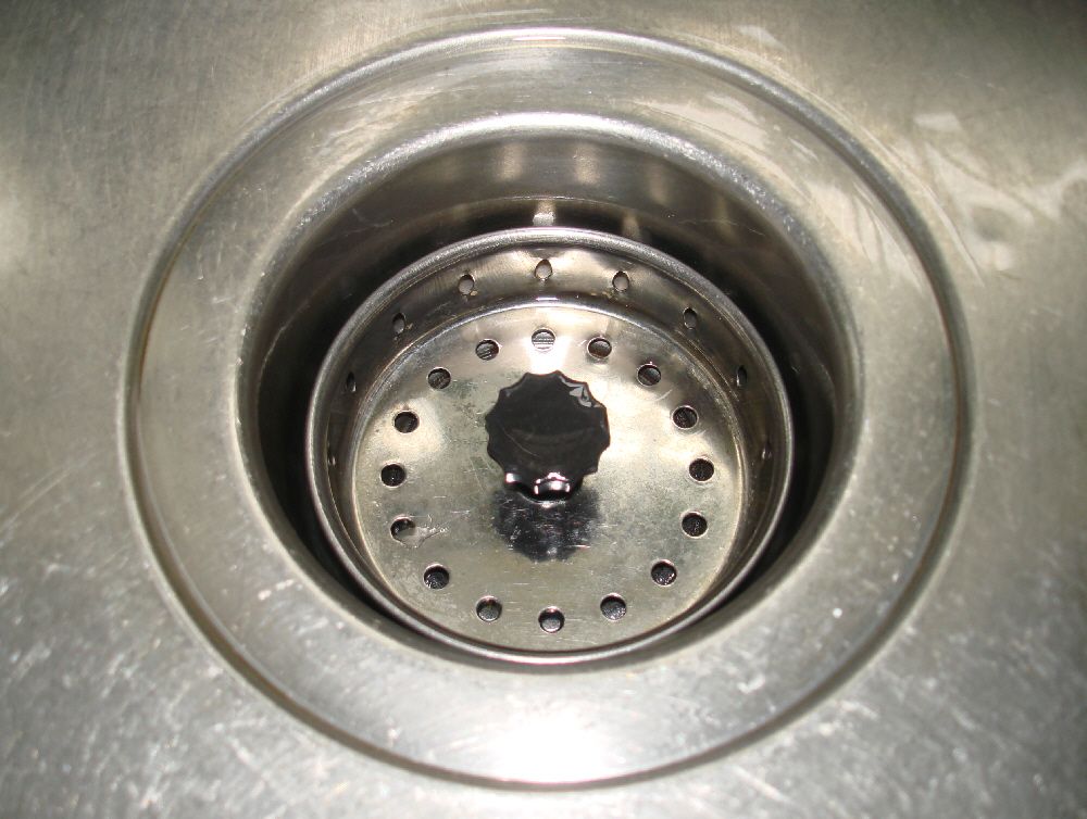 A kitchen sink drain where fruit flies and drain flies can breed